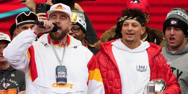 Travis Kelce and Patrick Mahomes of the Chiefs celebrate during the Super Bowl LVII victory parade on Feb. 15, 2023, in Kansas City, Missouri.